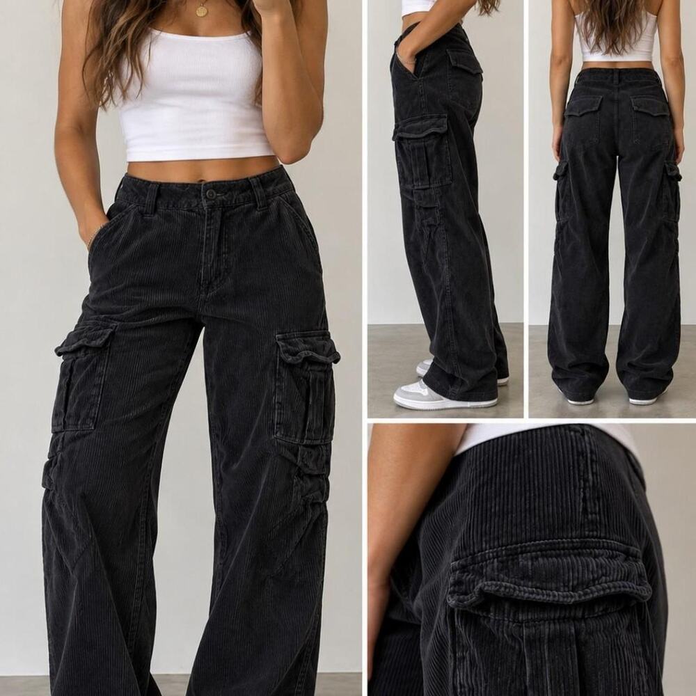 Man Black Corduroy Cargo Pants – Size 28R 🖤